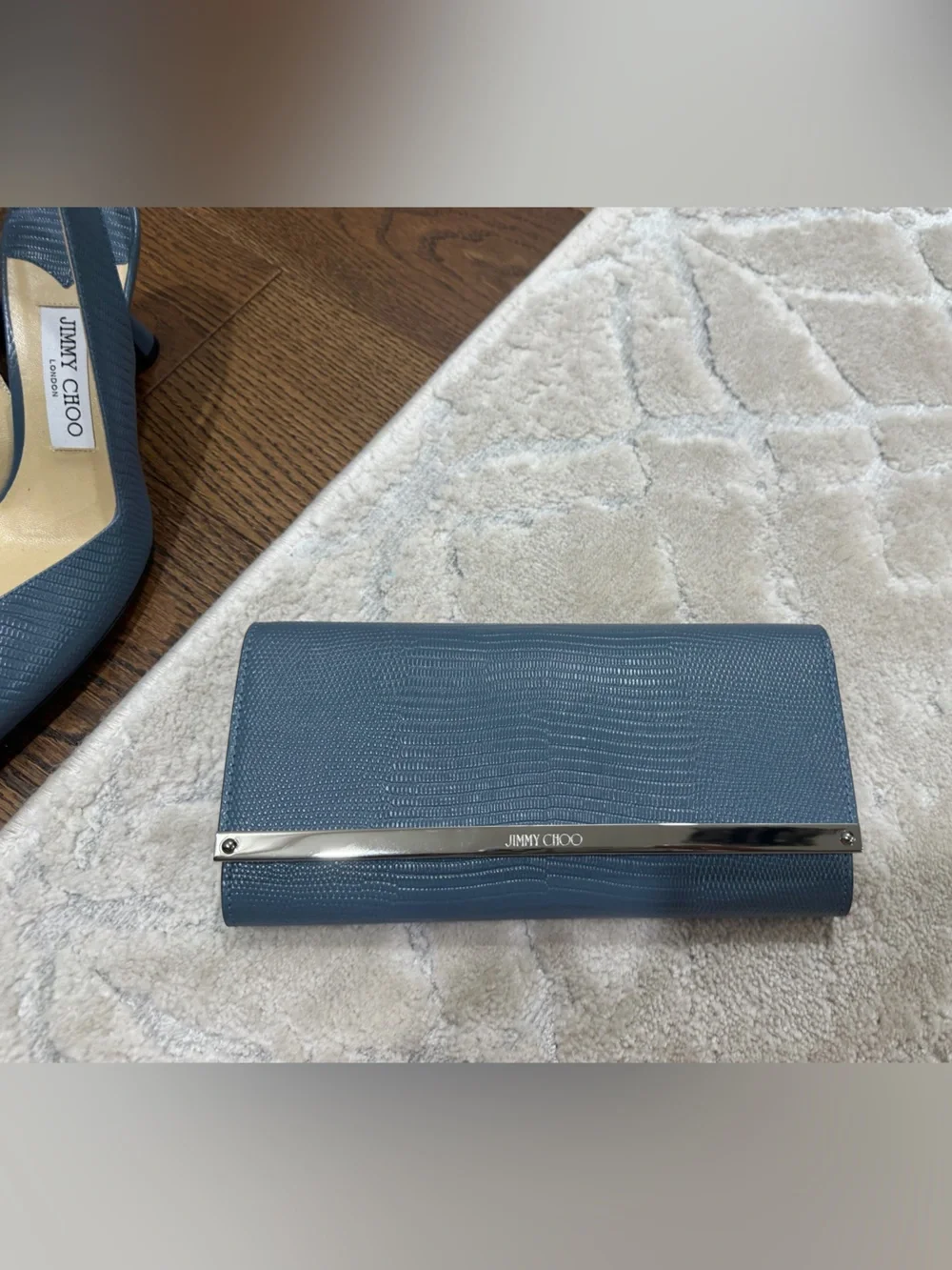 Jimmy Choo Slate Blue Lizard-Embossed Leather Card Holder